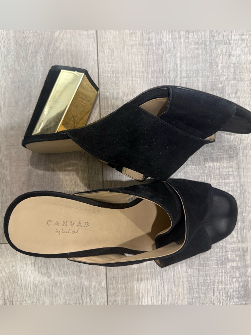 Lands' End Black Suede Open-Toe Crossover Mules with Gold Accent Heel